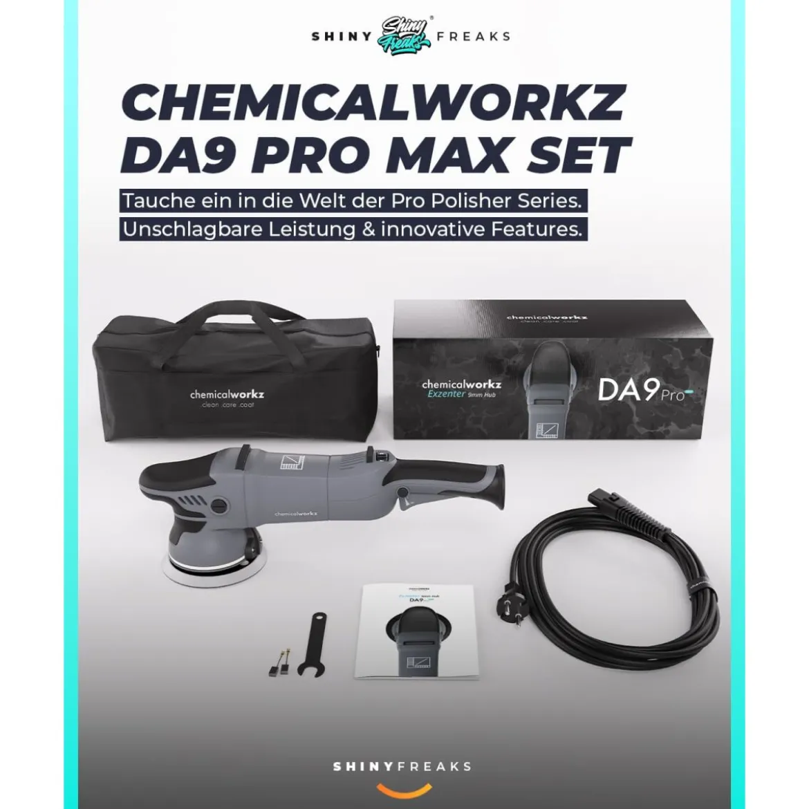 chemicalworkz DA9 Pro Max Poliermaschinen Set mit Sonax Polituren, Polierpads & 2 Stützteller