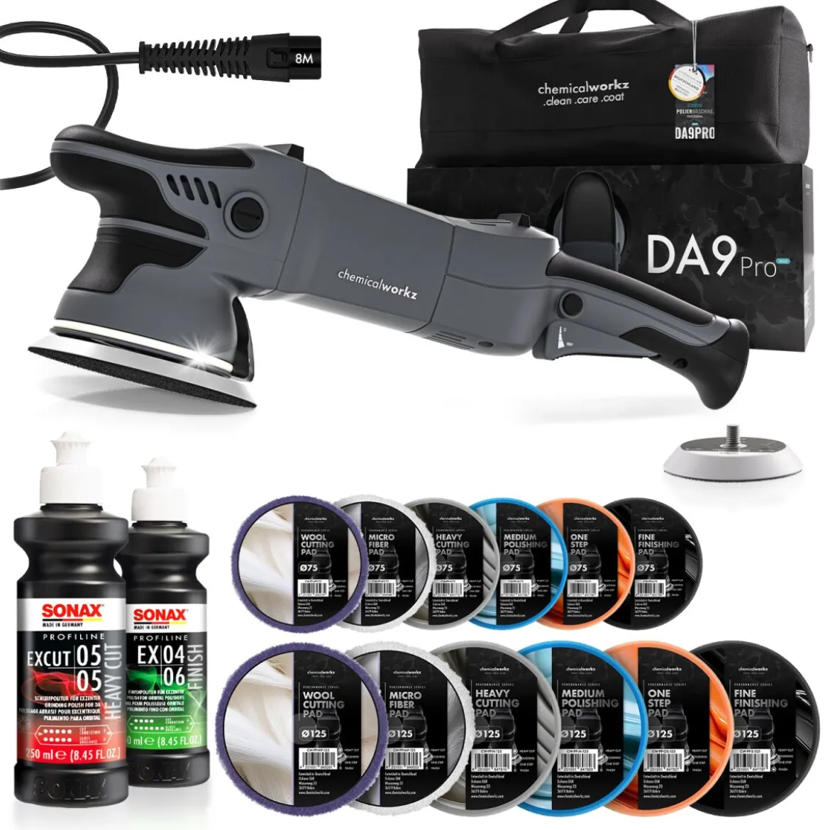 chemicalworkz DA9 Pro Max Poliermaschinen Set mit Sonax Polituren, Polierpads & 2 Stützteller