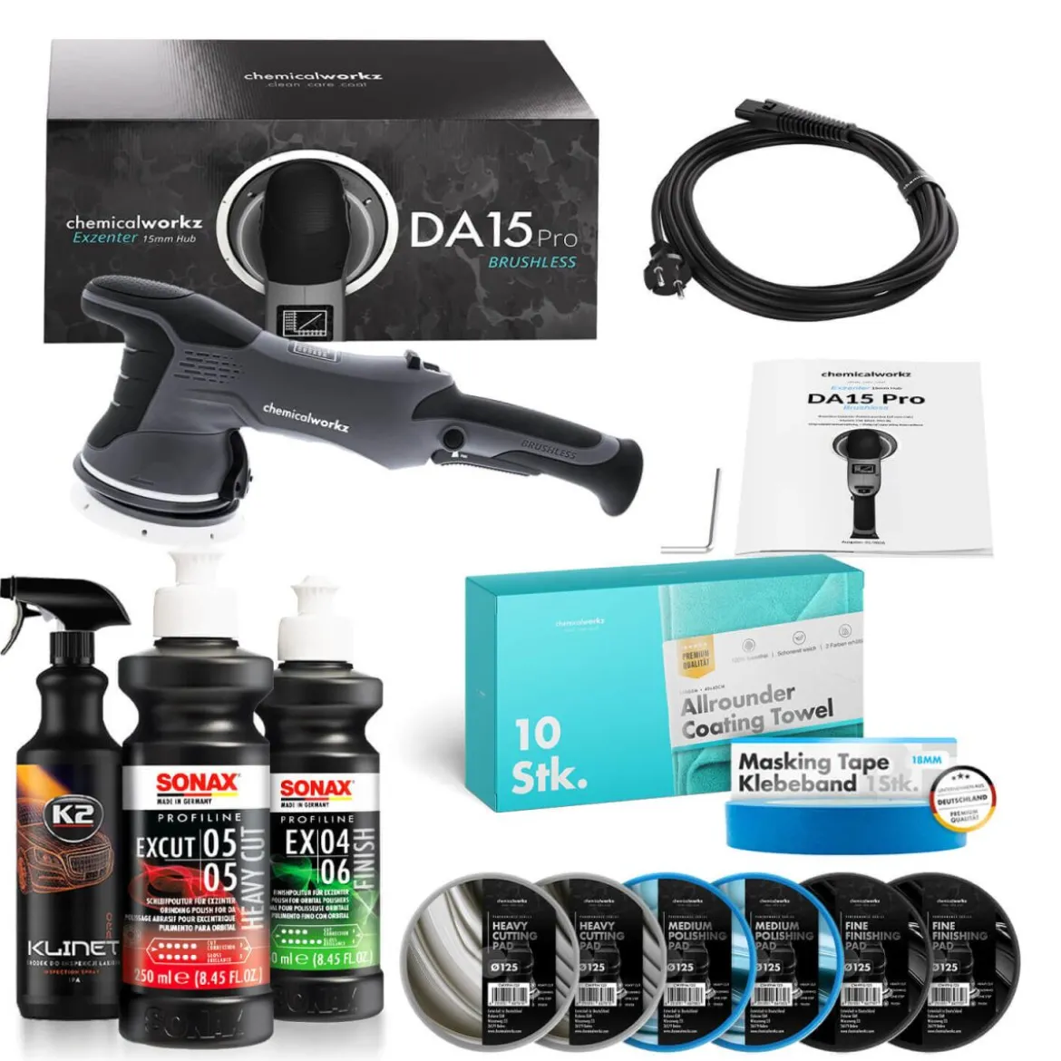 chemicalworkz Poliermaschinen Set DA15 Pro Brushless + Sonax + Zubehör (16-teilig)
