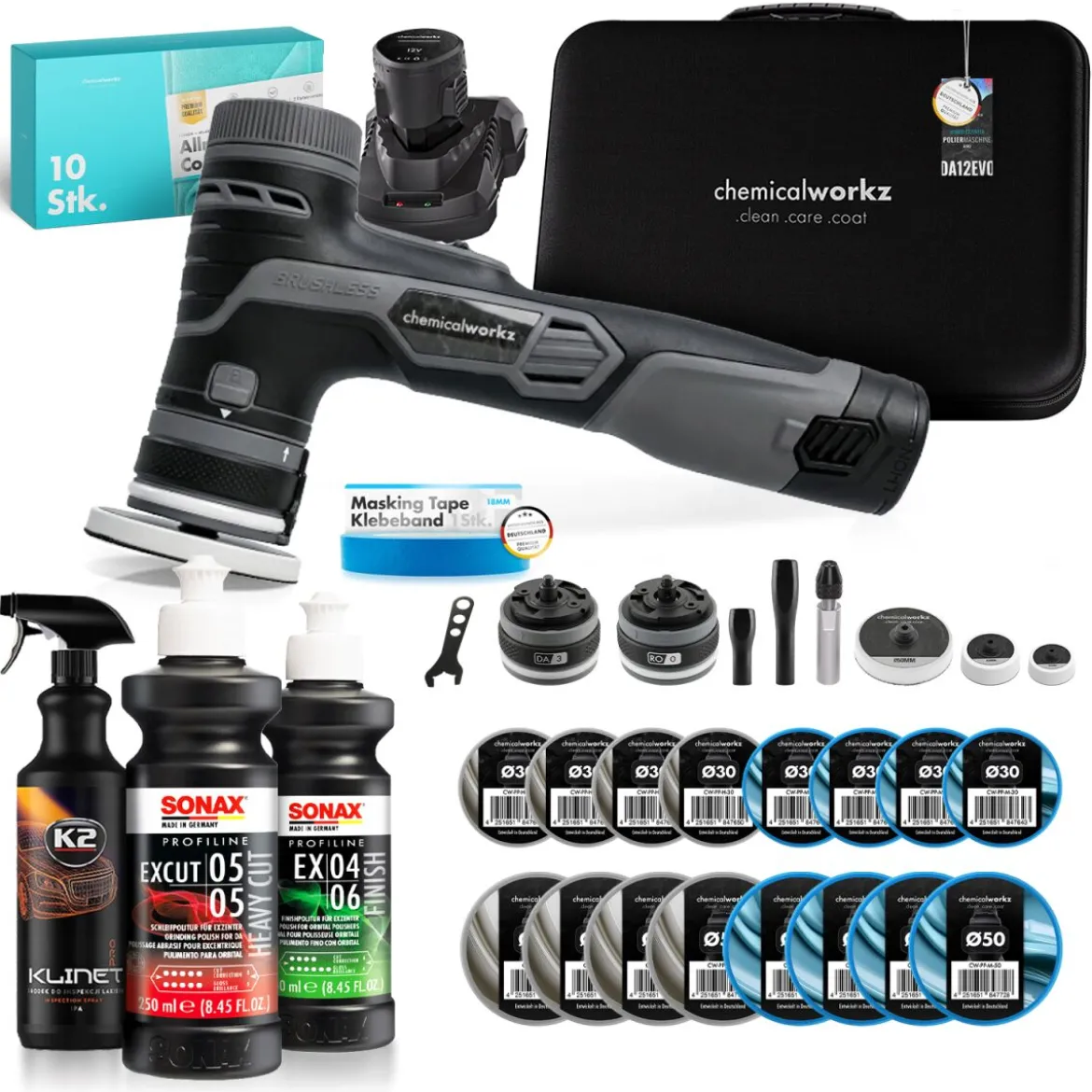 chemicalworkz Poliermaschinen Set EVO Mini Pro + Sonax Polituren + Zubehör (44-teilig)