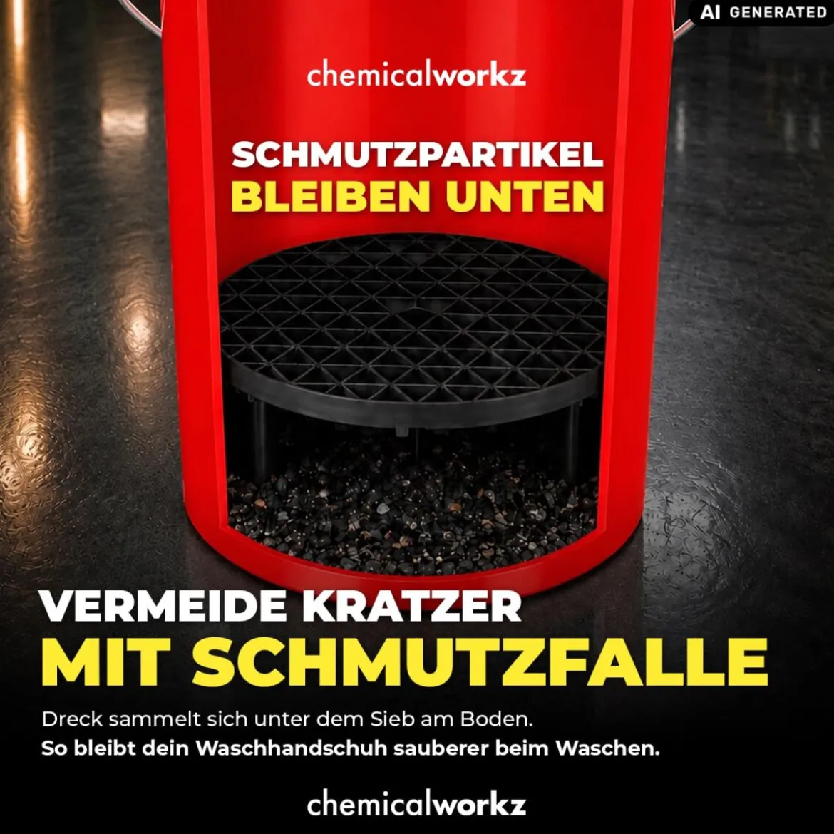 chemicalworkz Wascheimer Set 20 Liter Rot Transparent + Basic Zubehör Schwarz (3-teilig)