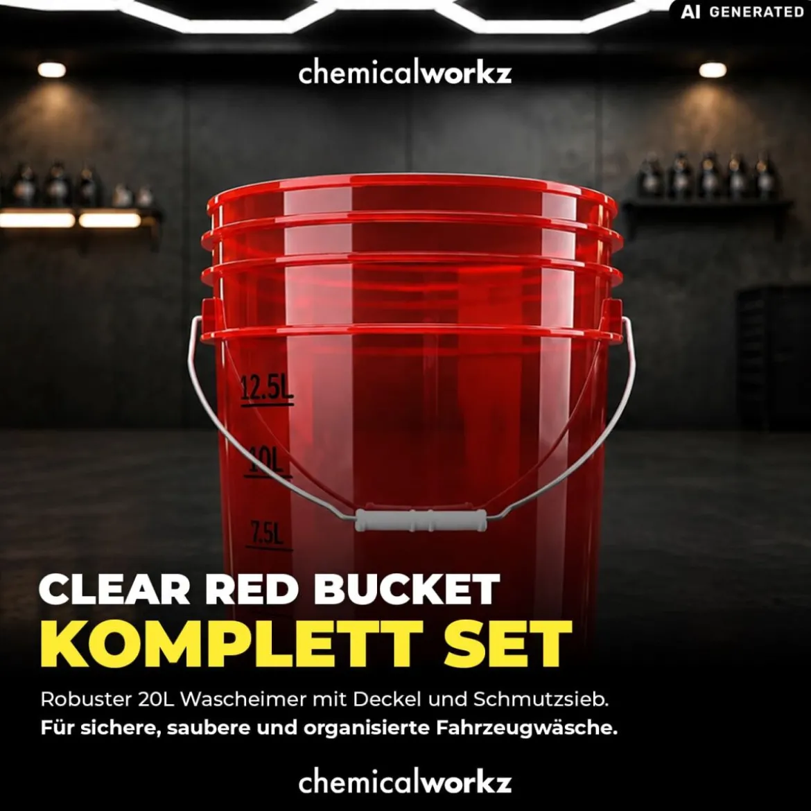 chemicalworkz Wascheimer Set 20 Liter Rot Transparent + Basic Zubehör Schwarz (3-teilig)