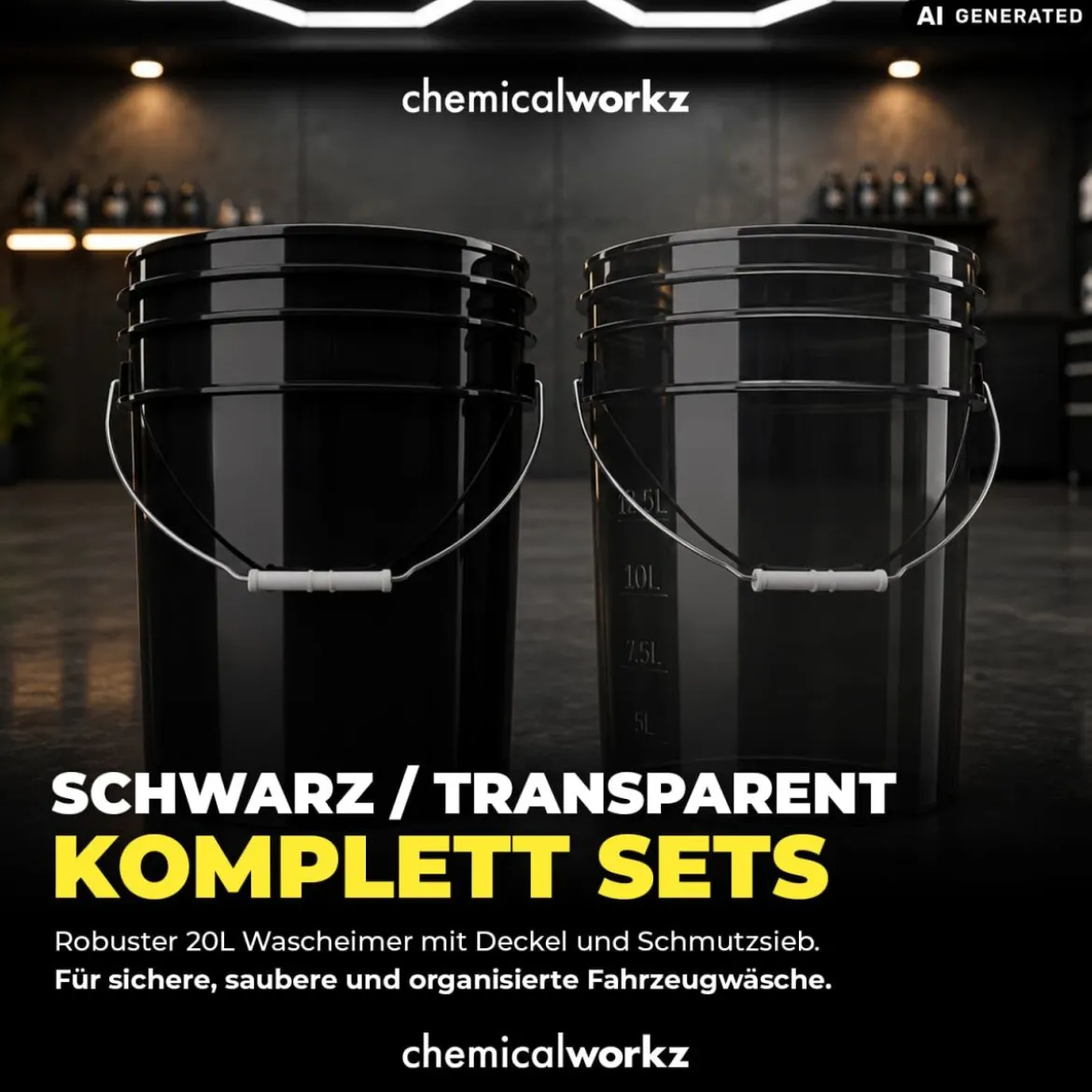 chemicalworkz Wascheimer Set 20 Liter Schwarz + Basic Zubehör Schwarz (3-teilig)