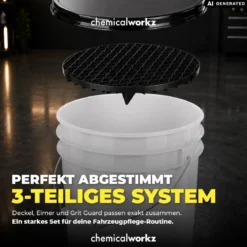 chemicalworkz Wascheimer Set 20 Liter Weiß Transparent + Basic Zubehör Schwarz (3-teilig)