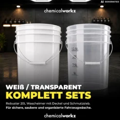 chemicalworkz Wascheimer Set 20 Liter Weiß Transparent + Basic Zubehör Schwarz (3-teilig)