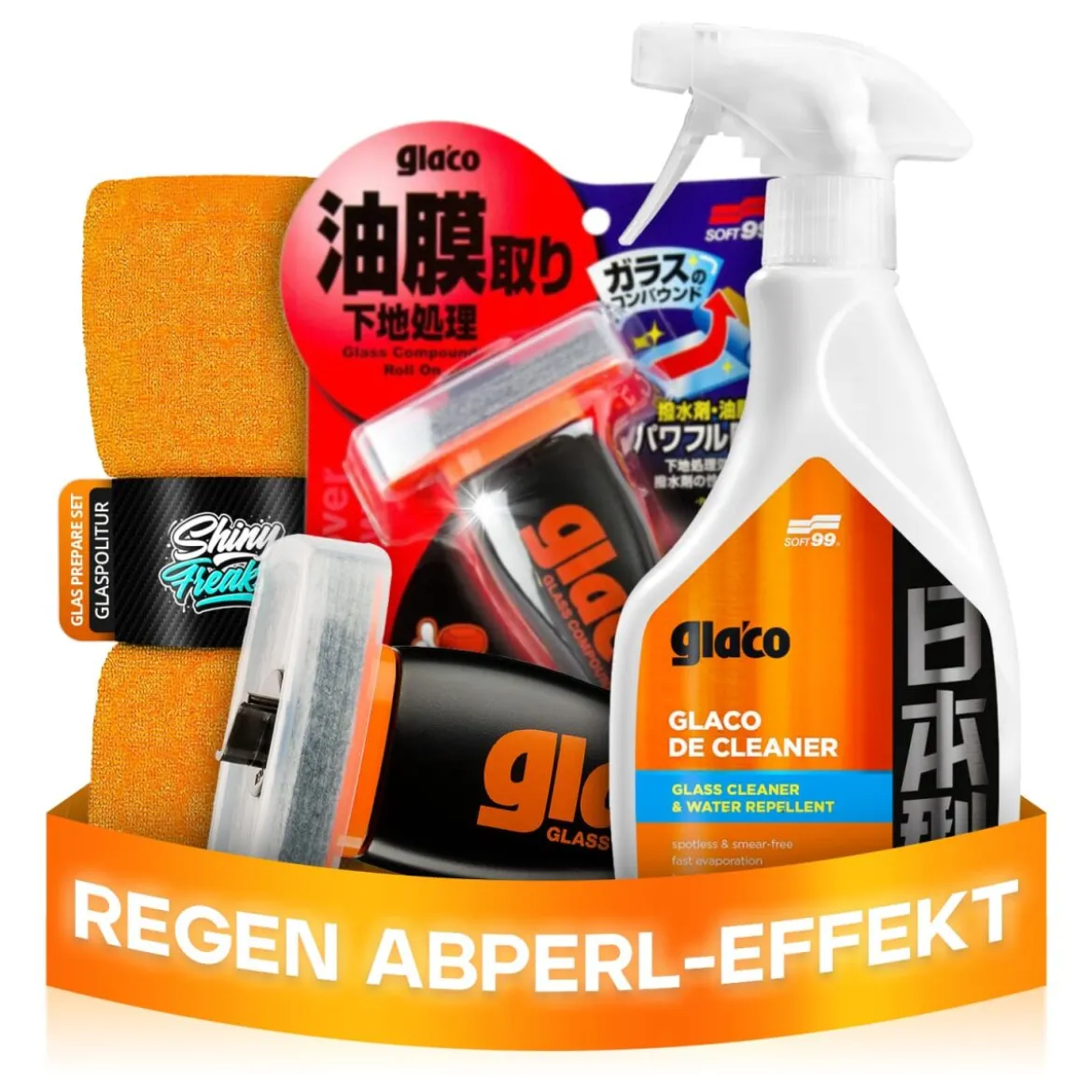 Soft99 Glas Set Glaco Glass Compound Roll On & De Cleaner + Mikrofasertuch (3-teilig)