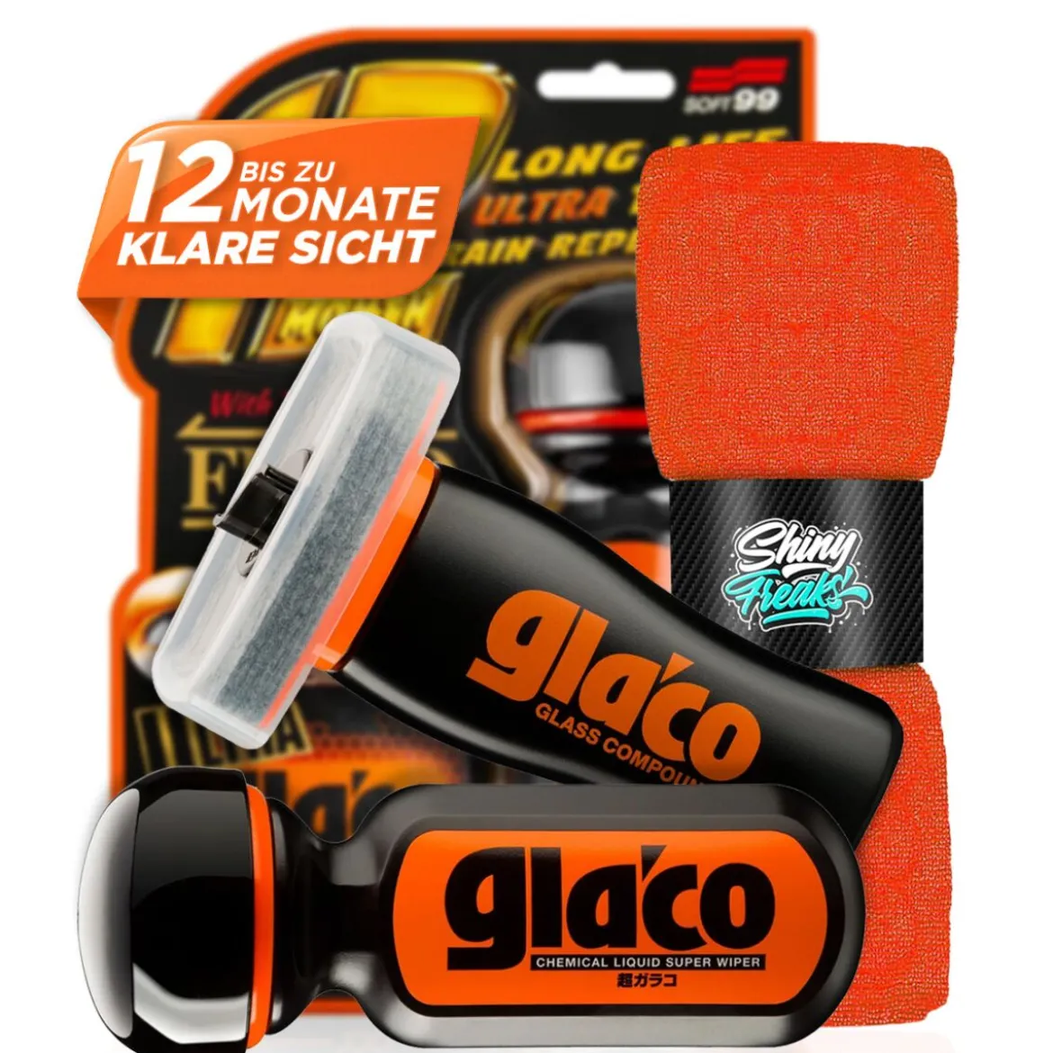 Soft99 Glas-Set Glaco Glass Compound Roll On & Ultra Glaco + Mikrofasertuch (3-teilig)