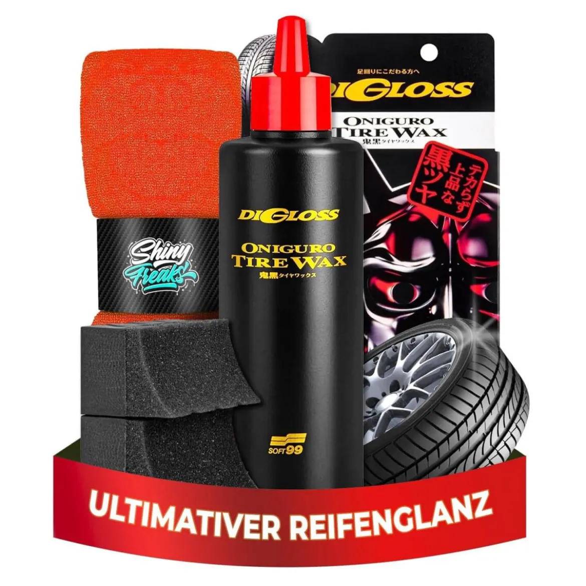 Soft99 Reifenpflege Set DiGloss Black Devil Tire Wax + Mikrofasertuch (5-teilig)