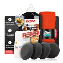 SONAX Lederpflege Set LederPflegeLotion 500ml + Zubehör (7-teilig)