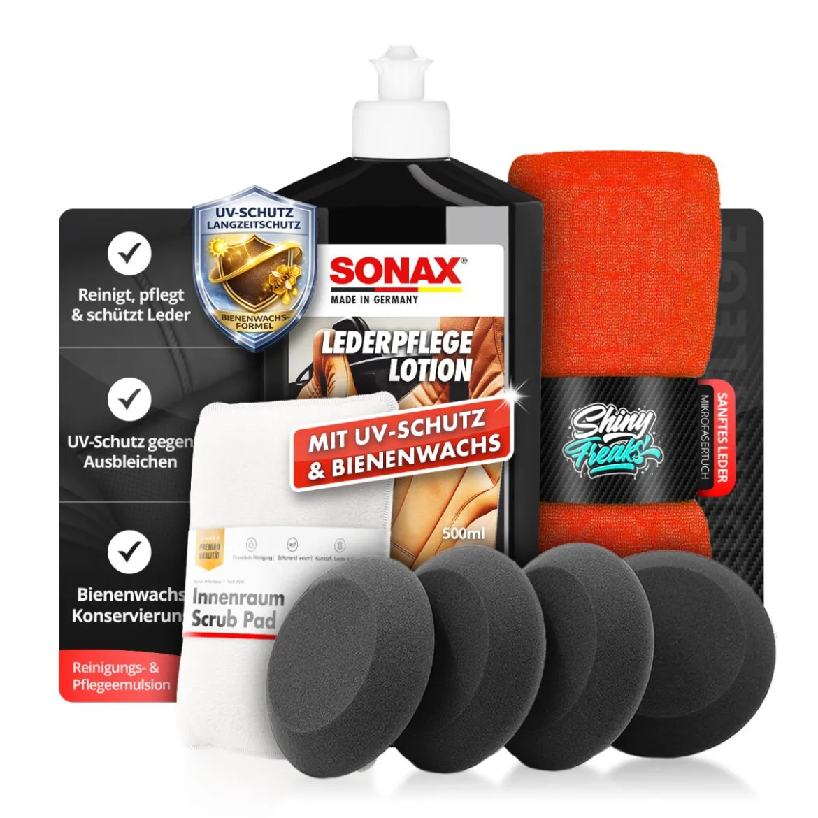 SONAX Lederpflege Set LederPflegeLotion 500ml + Zubehör (7-teilig)